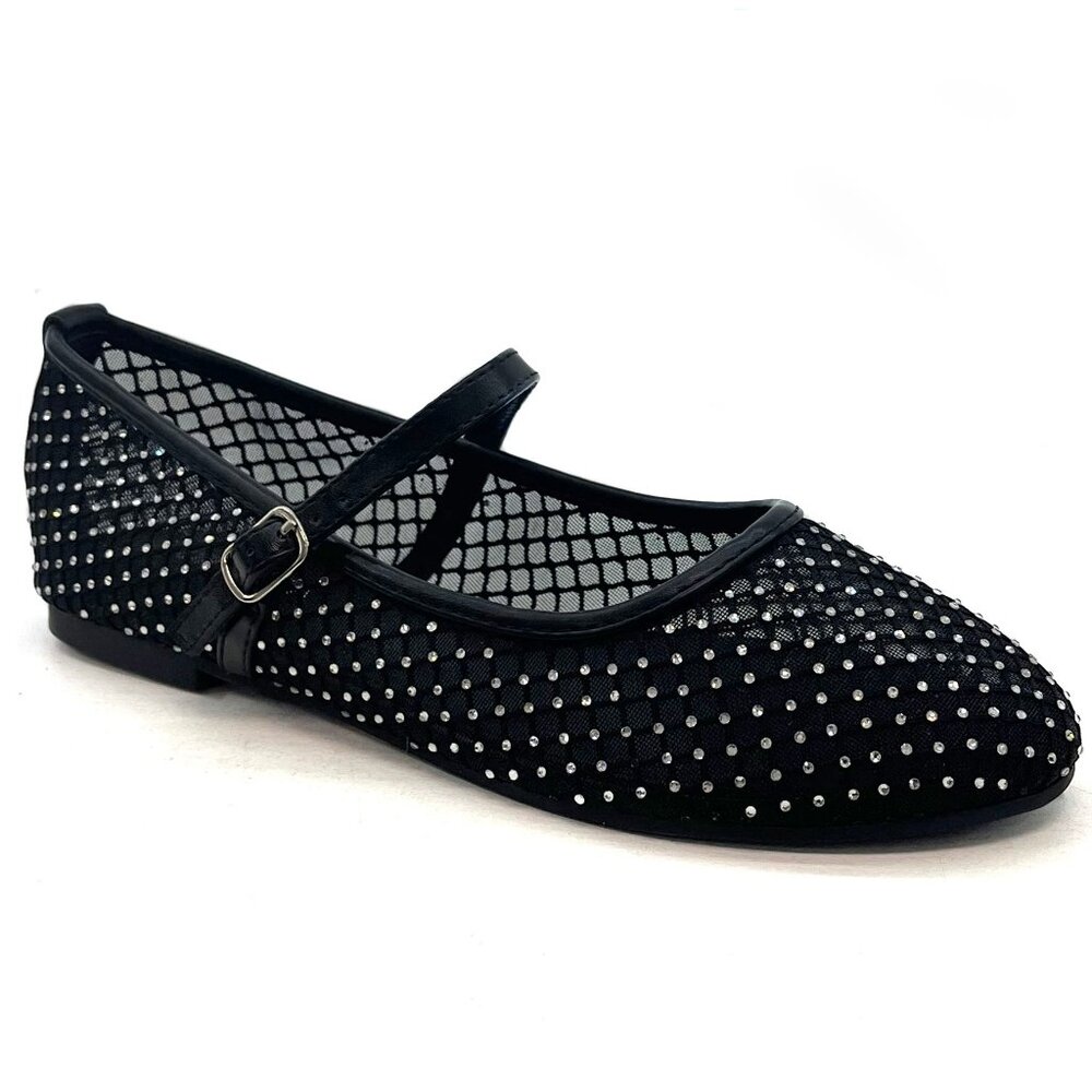 New Womens Black Rhinestone Mesh Mary Jane Ballet Flats